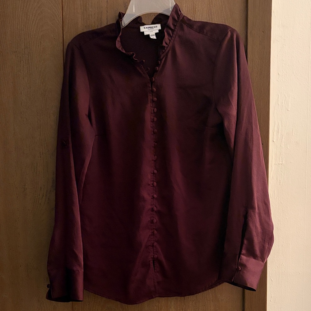 Express Women's Button-Front Ruffle Collar Blouse in Burgundy